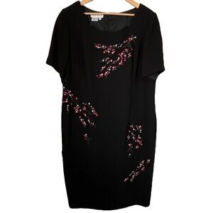 Maggy London Woman Black Sheath Dress with Embroidered & Beaded Floral Pattern